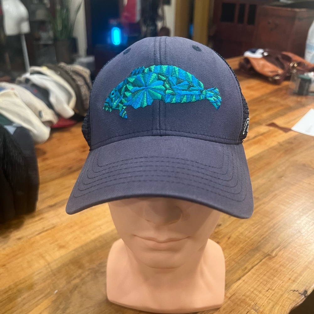 Men's Navy Blue Trucker Hat with Teal Fish Patch